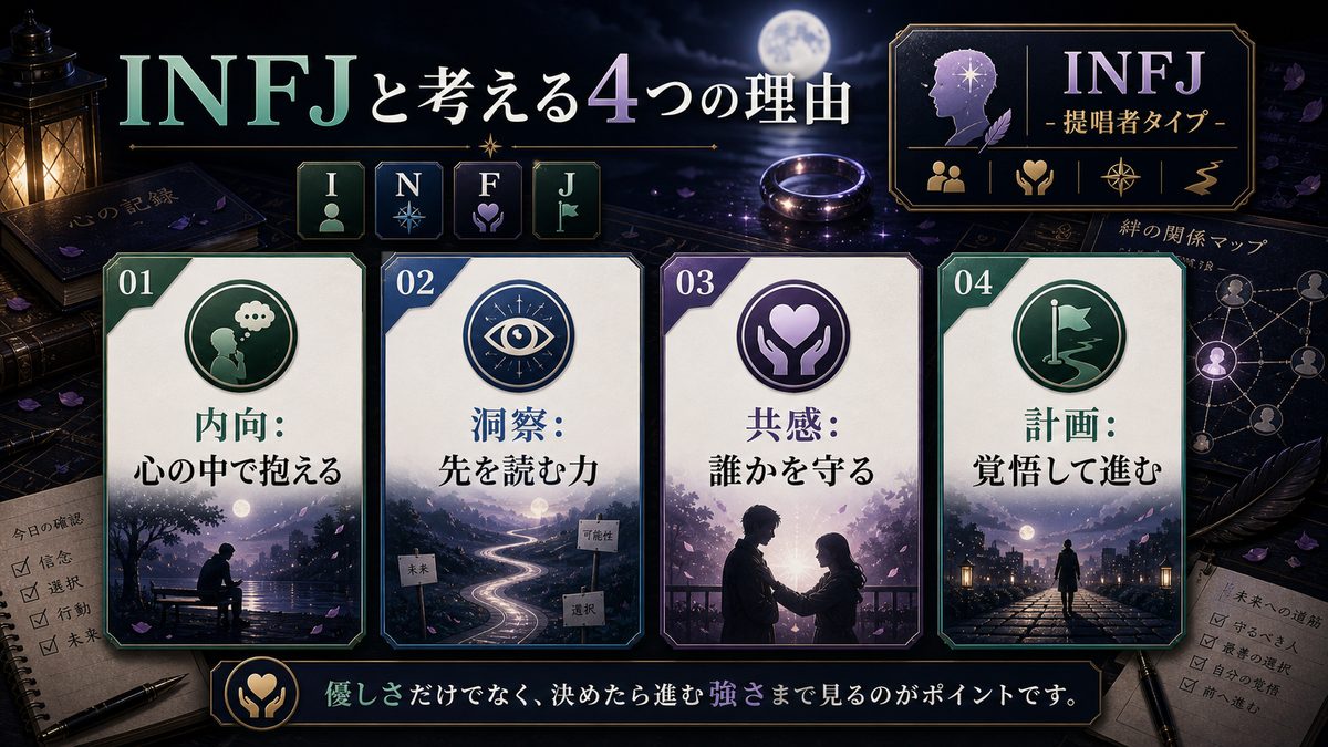 なぜ乙骨憂太がINFJ（提唱者）なのかの要点をまとめたMBTIキャラ診断インフォグラフィック