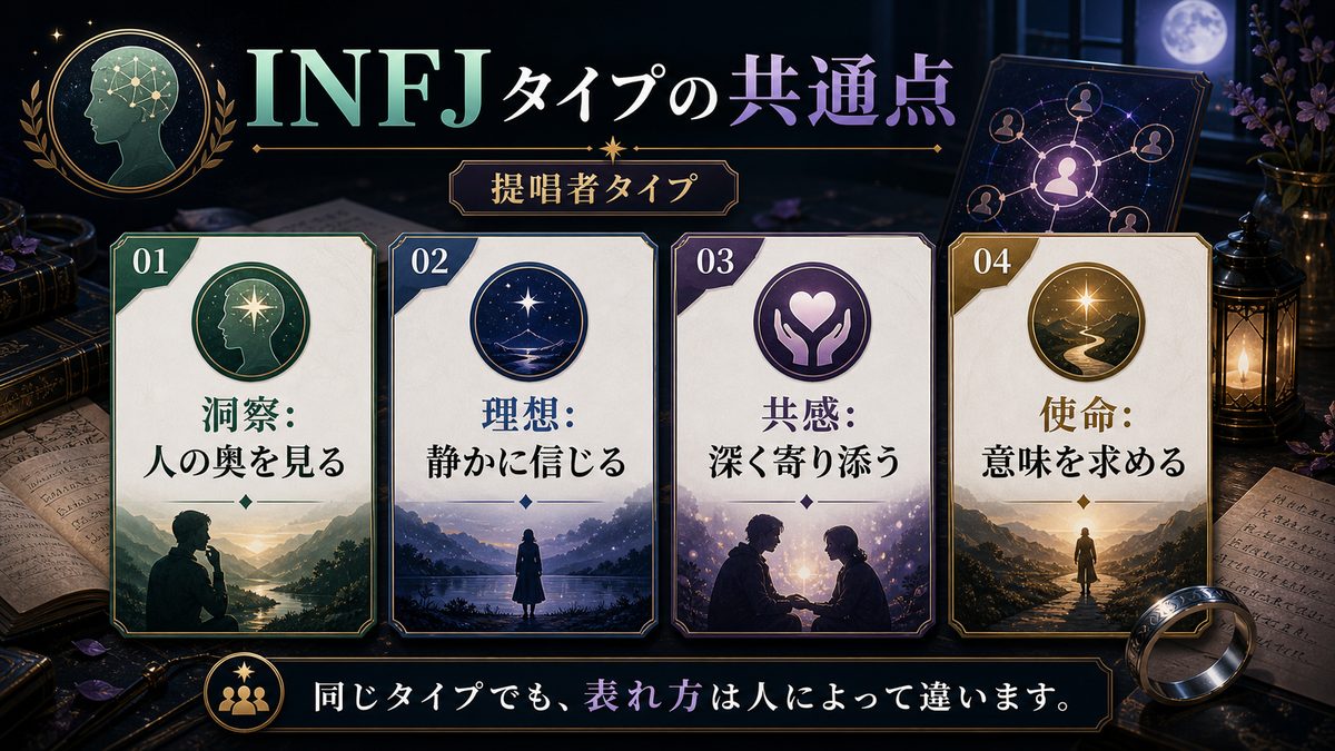 他のINFJ（提唱者）の性格特性を持つ芸能人の要点をまとめたMBTIキャラ診断インフォグラフィック