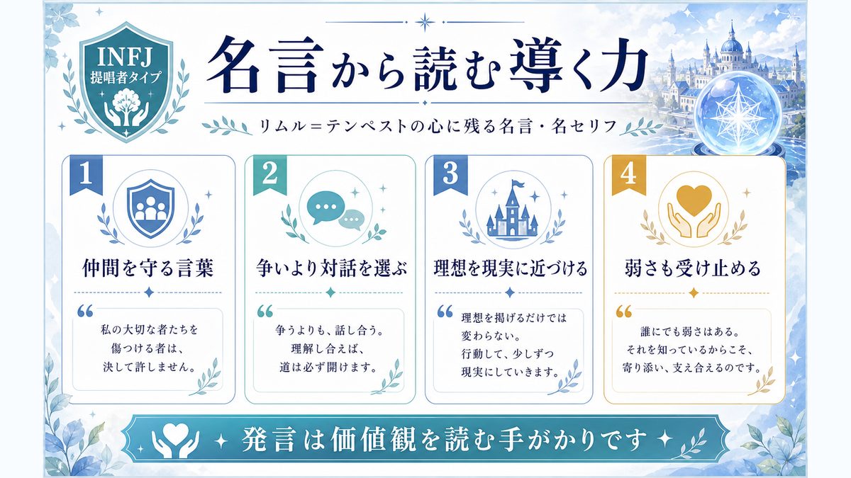 リムル=テンペストの心に残る名言・名セリフの要点をまとめたMBTIキャラ診断インフォグラフィック