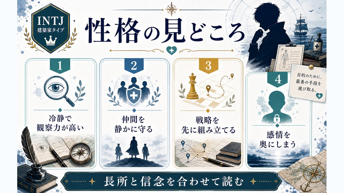 トラファルガー・D・ワーテル・ロー(ワンピース)の性格特性とは?の要点をまとめたMBTIキャラ診断インフォグラフィック