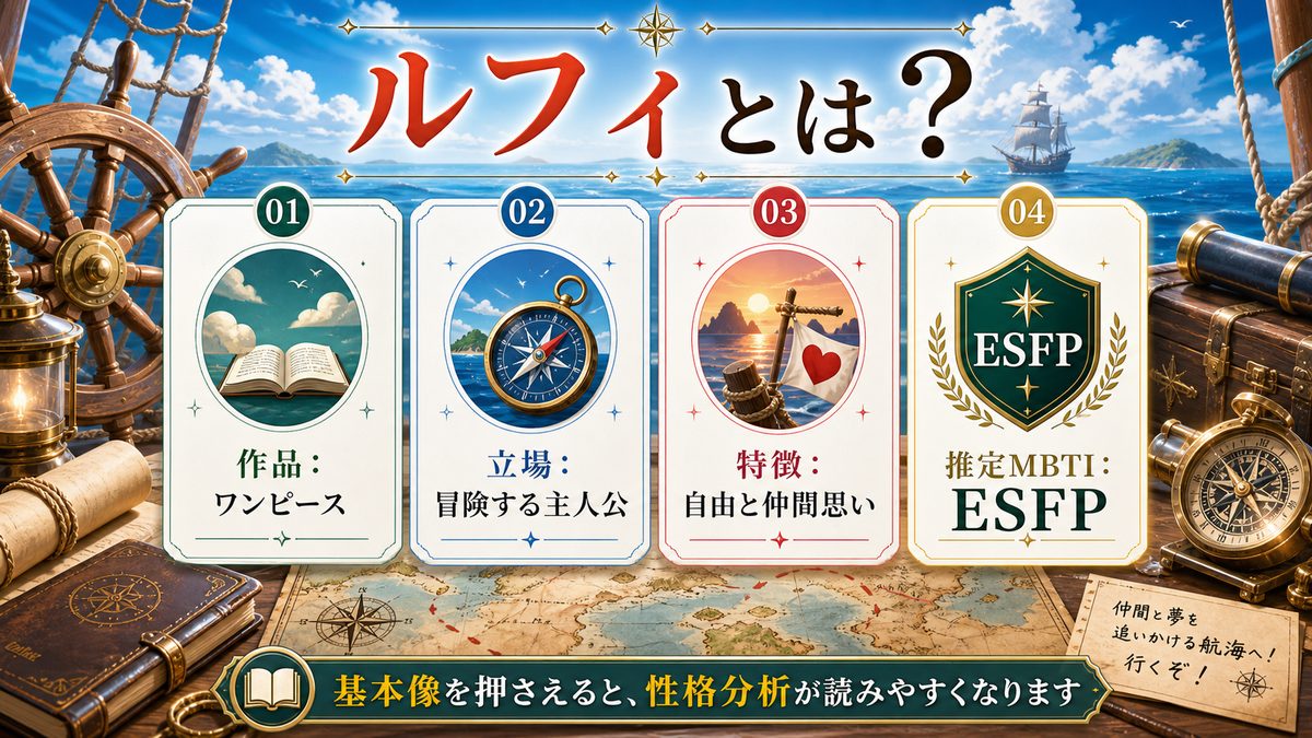 モンキー・D・ルフィ(ワンピース)とは?の要点をまとめたMBTIキャラ診断インフォグラフィック