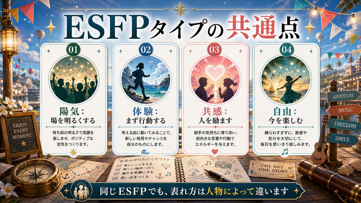 他のESFP(楽天家)の性格特性を持つ芸能人の要点をまとめたMBTIキャラ診断インフォグラフィック