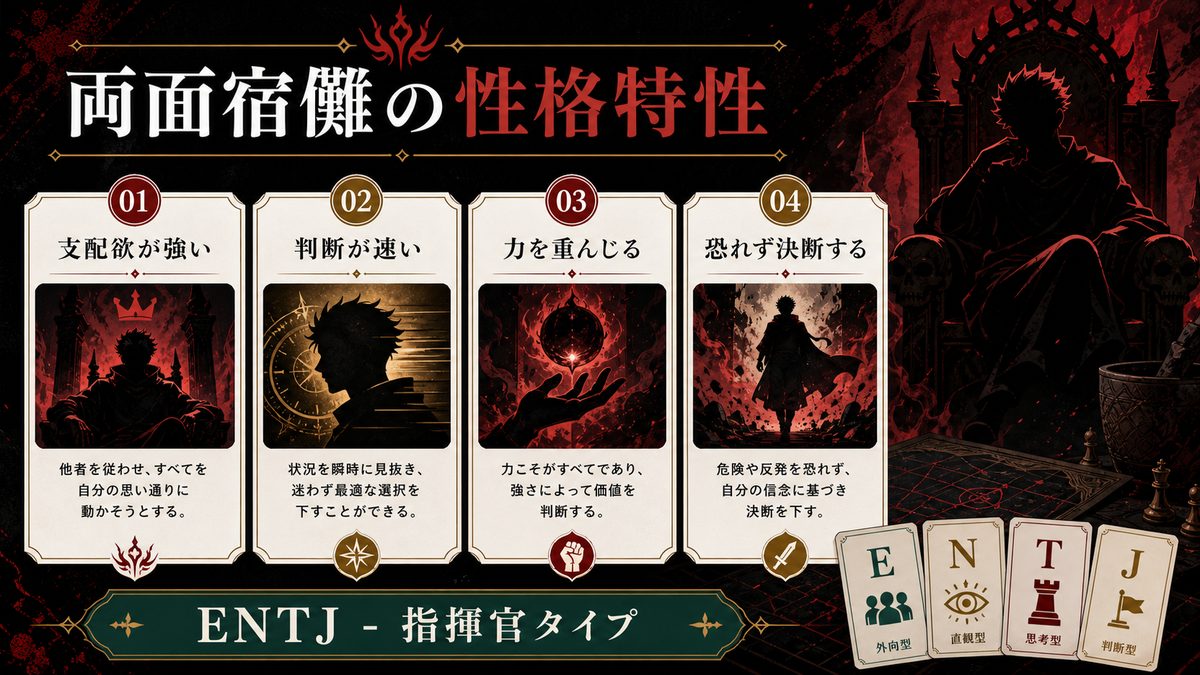 両面宿儺（呪術廻戦）の性格特性とは？の要点をまとめたMBTIキャラ診断インフォグラフィック