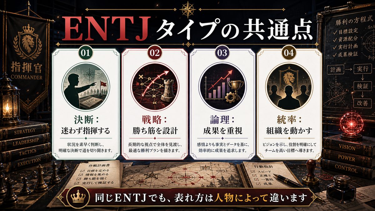 指揮官（ENTJ-A / ENTJ-T）の性格特性を持つ芸能人の要点をまとめたMBTIキャラ診断インフォグラフィック