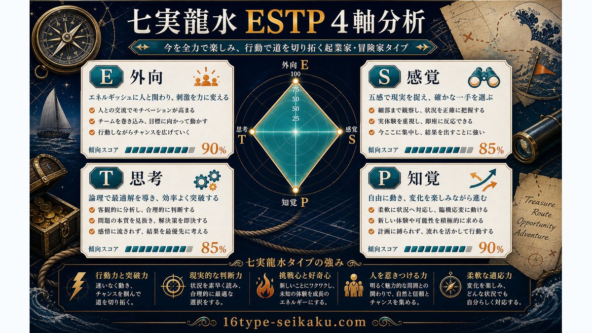 七実龍水がESTPタイプである理由の要点をまとめたMBTIキャラ診断インフォグラフィック