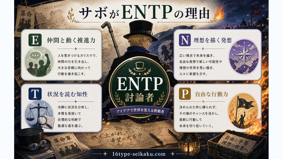 なぜサボ(ワンピース)がENTP(討論者)なのかの要点をまとめたMBTIキャラ診断インフォグラフィック