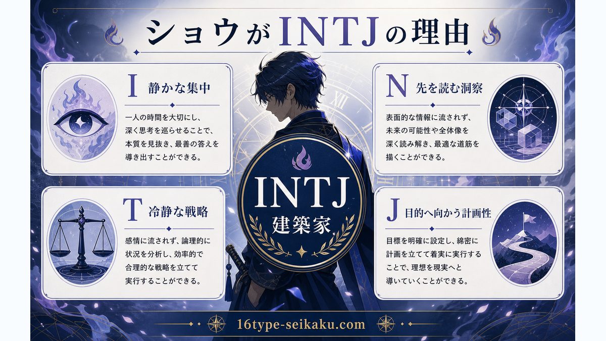 ショウがINTJタイプである理由の要点をまとめたMBTIキャラ診断インフォグラフィック