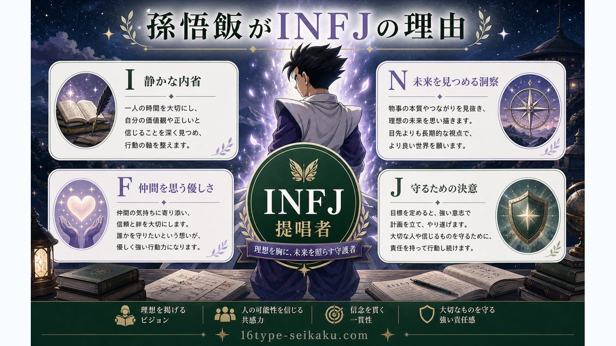 なぜ孫悟飯（ドラゴンボール）がINFJ（提唱者）なのかの要点をまとめたMBTIキャラ診断インフォグラフィック
