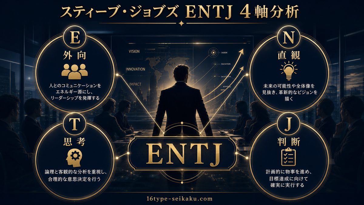 スティーブ・ジョブズとは?の要点をまとめたMBTI人物分析インフォグラフィック