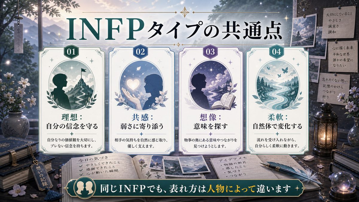 INFP(仲介者)の性格特性を持つ芸能人の要点をまとめたMBTIキャラ診断インフォグラフィック