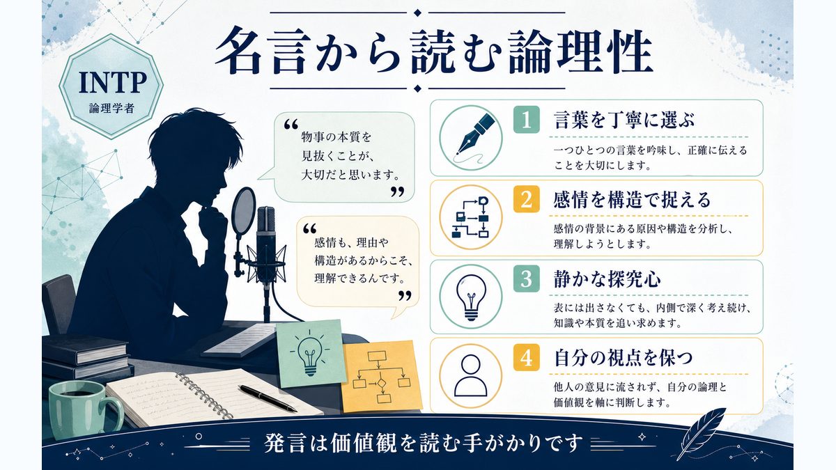 内山昂輝の名言・発言から見るINTPの性格の要点をまとめたMBTI分析インフォグラフィック