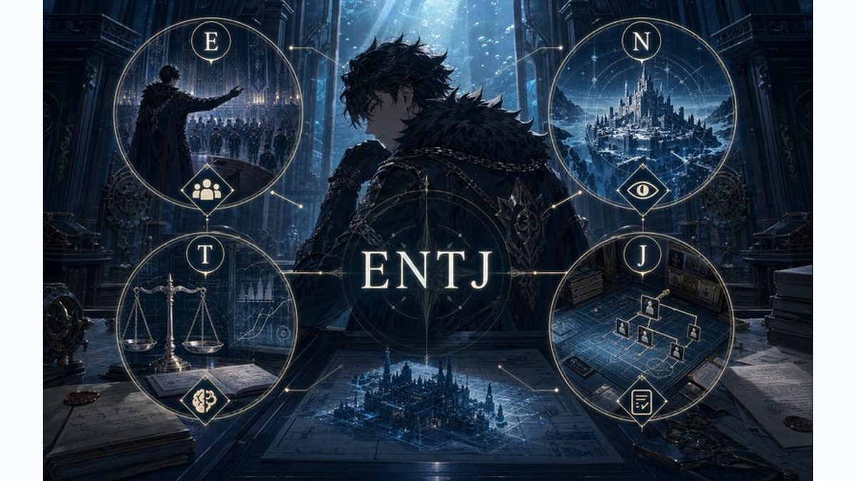 リオセスリがENTJ（指揮官）タイプである理由の要点をまとめたMBTIキャラ診断インフォグラフィック