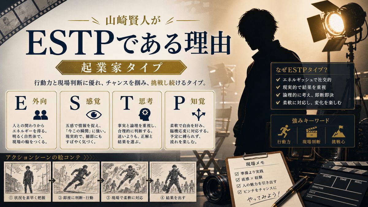 山崎賢人がESTPタイプである理由の要点をまとめたMBTI人物分析インフォグラフィック