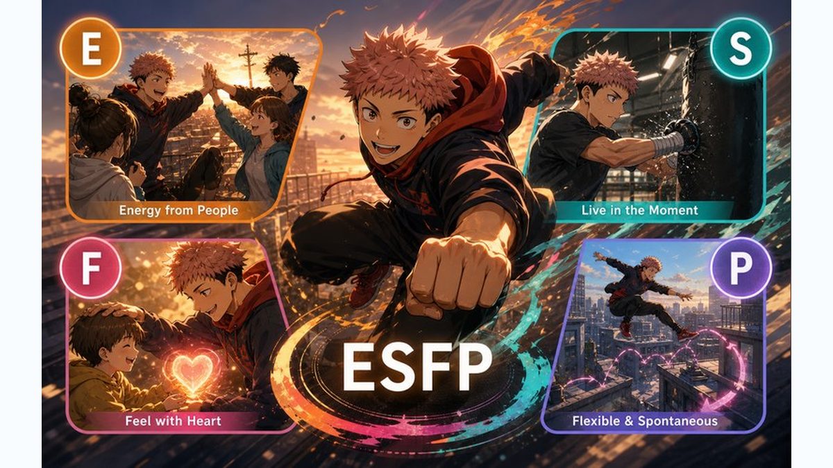 虎杖悠仁がESFPタイプである理由の要点をまとめたMBTIキャラ診断インフォグラフィック