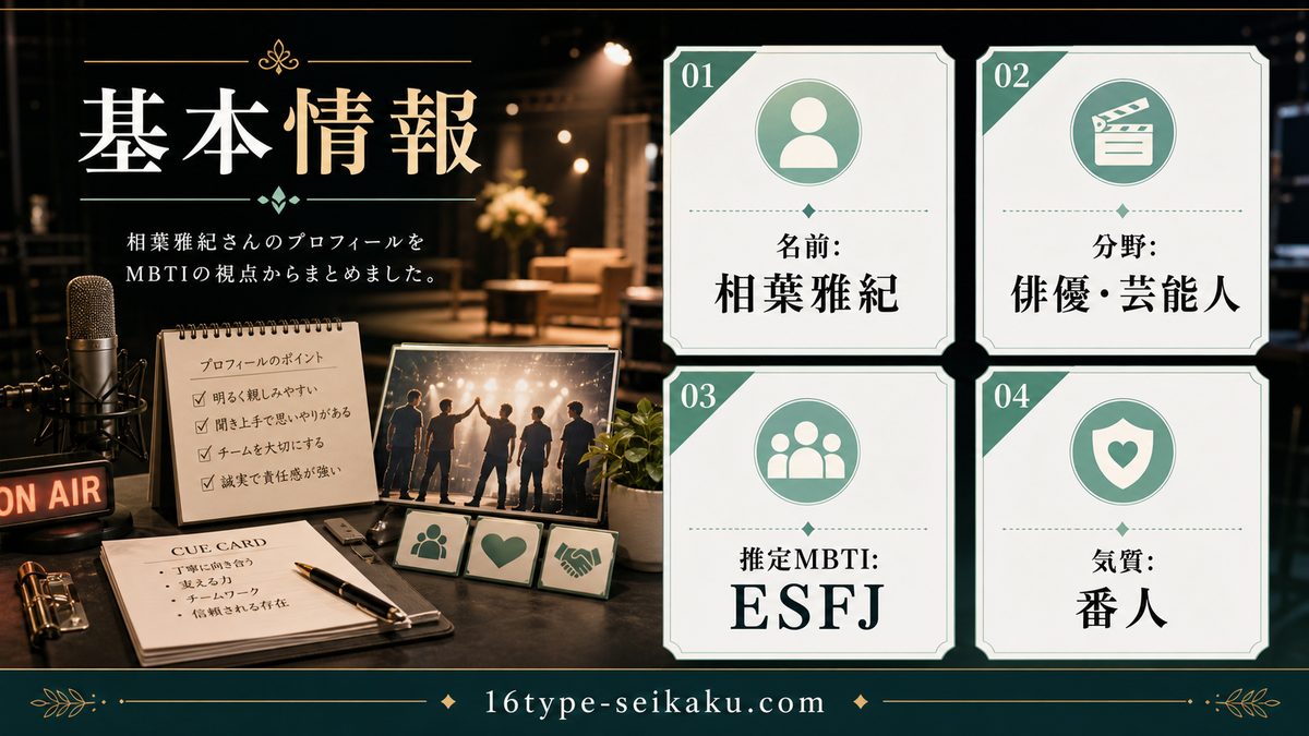 相葉雅紀の基本情報の要点をまとめたMBTI人物分析インフォグラフィック
