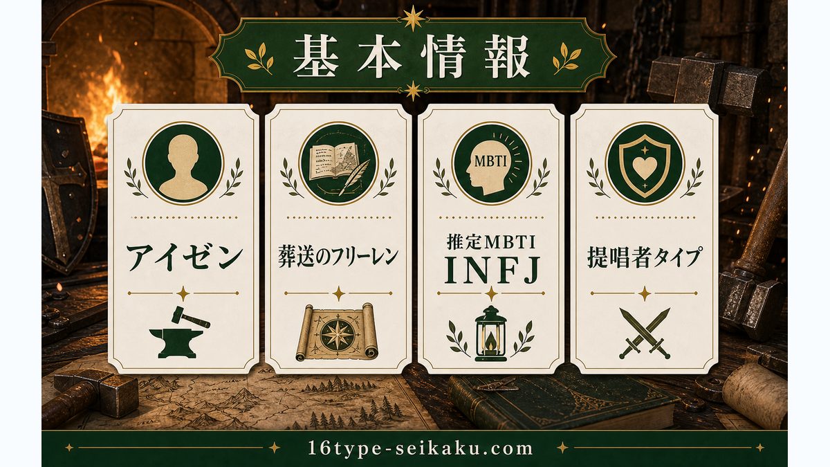 アイゼンの基本情報の要点をまとめたMBTIキャラ診断インフォグラフィック