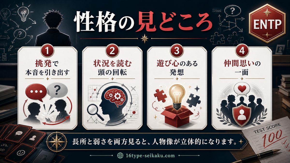 赤羽業の性格特徴の要点をまとめたMBTIキャラ診断インフォグラフィック