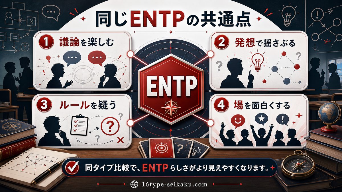 ENTP（討論者）タイプの他のキャラクター一覧の要点をまとめたMBTIキャラ診断インフォグラフィック