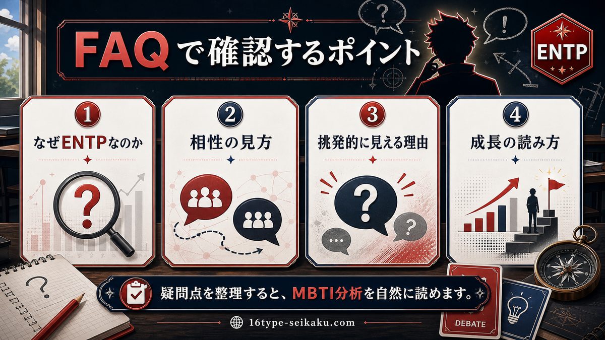 赤羽業に関するよくある質問（FAQ）の要点をまとめたMBTIキャラ診断インフォグラフィック