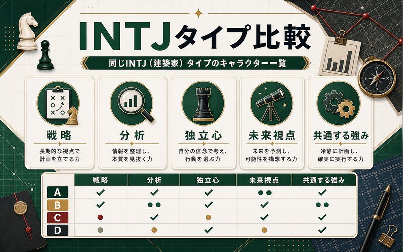 INTJタイプの他キャラクターに共通する強みを比較した画像