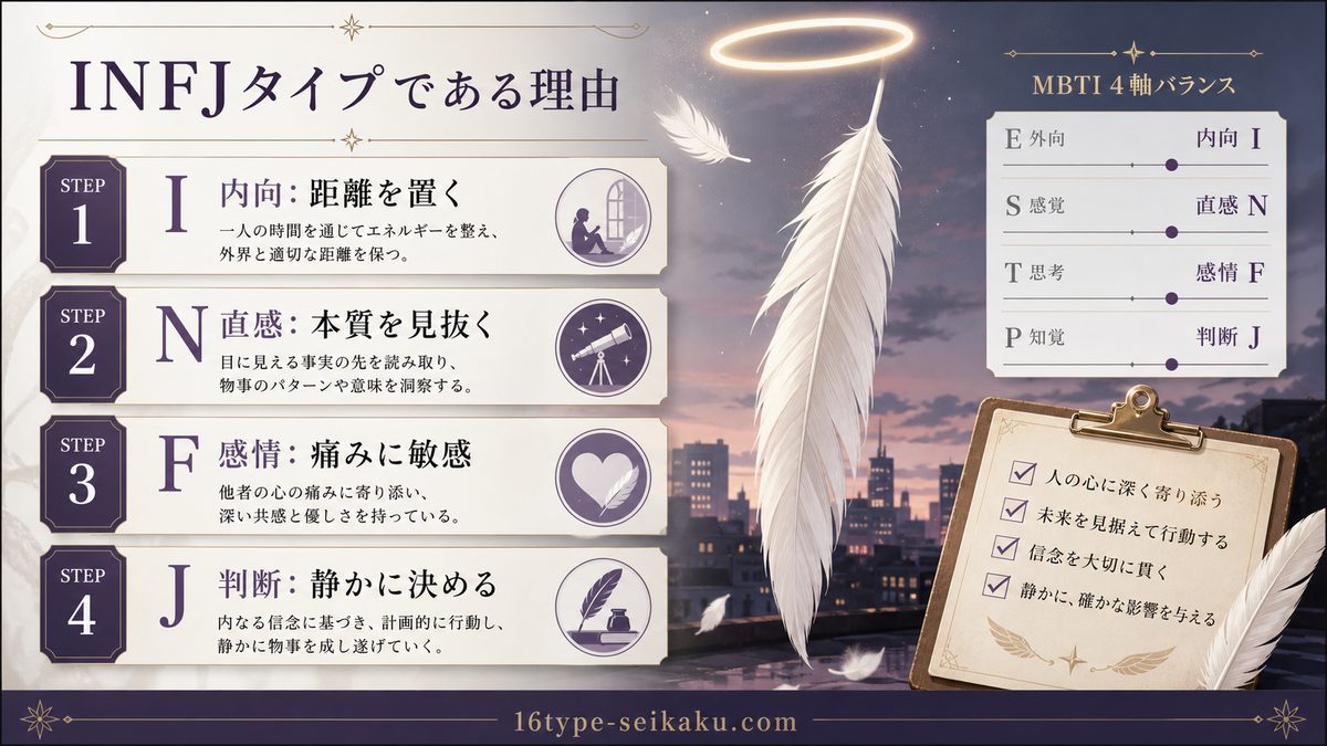 エンジェルがINFJタイプである理由の要点をまとめたMBTIキャラ診断インフォグラフィック