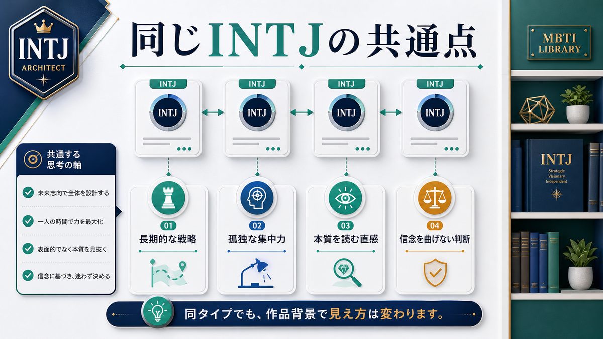 INTJタイプの他のキャラクター一覧の要点をまとめたImage2生成インフォグラフィック