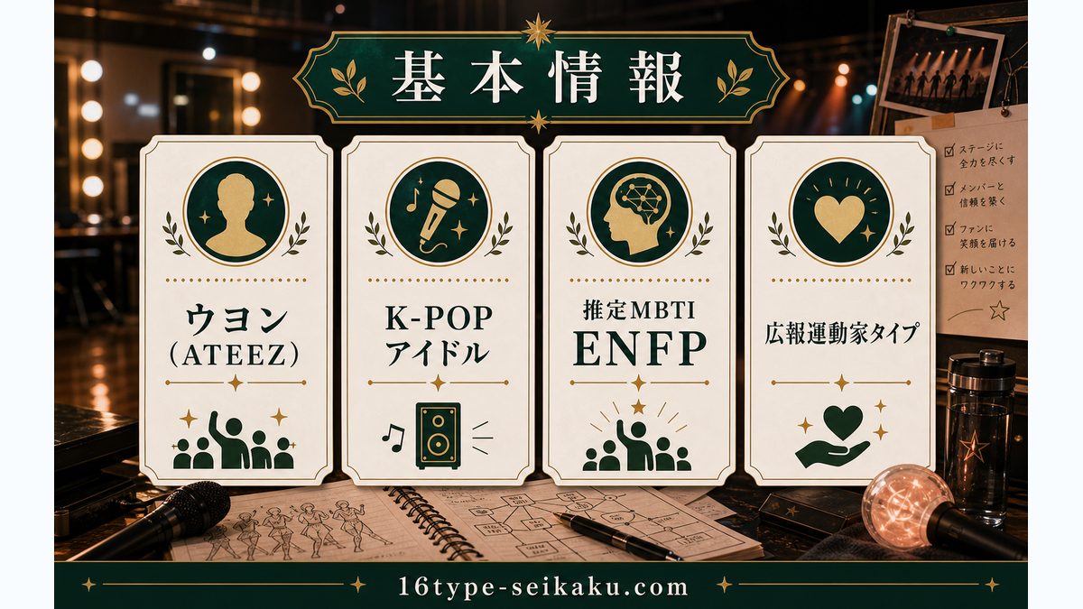 ウヨン(ATEEZ)の基本情報の要点をまとめたMBTI分析インフォグラフィック