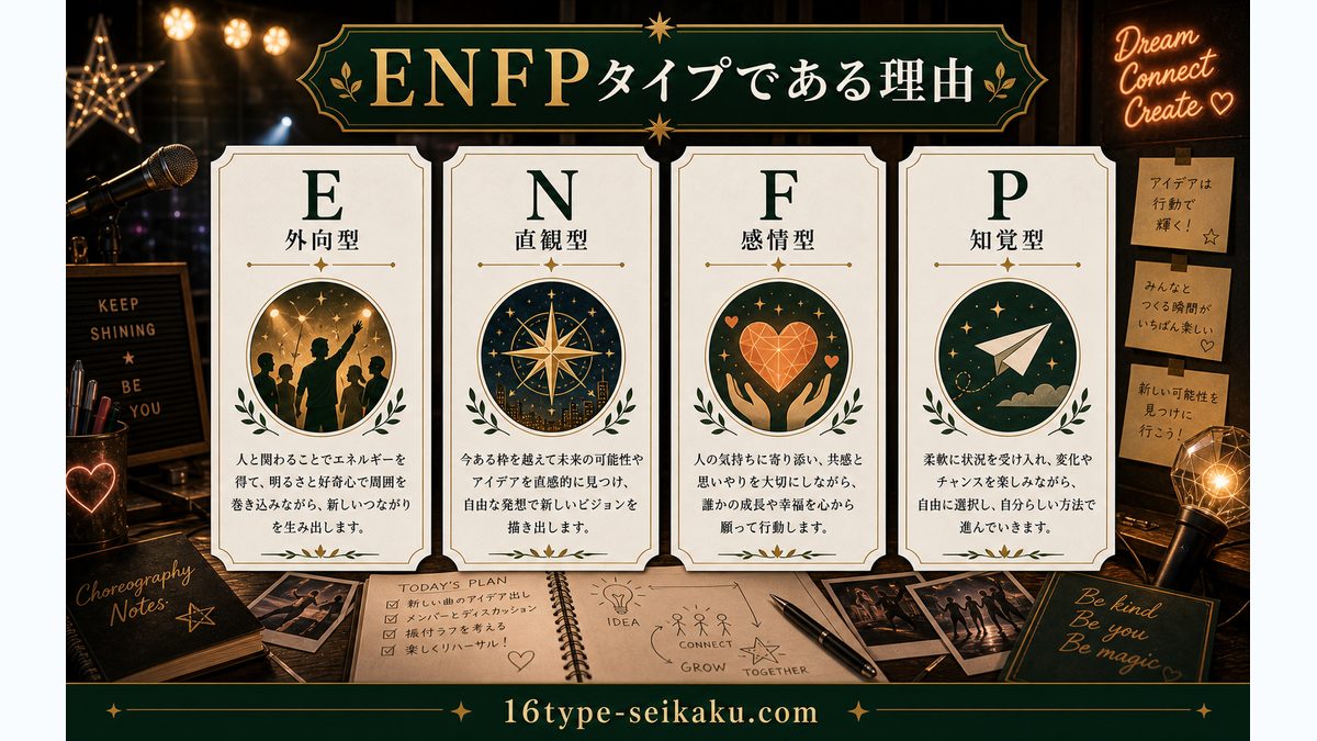 ウヨンがENFP(広報運動家)タイプである理由の要点をまとめたMBTI分析インフォグラフィック