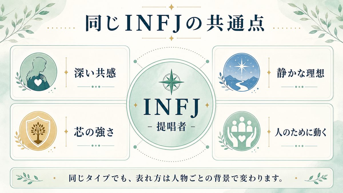 同じINFJタイプの有名人一覧の要点をまとめたMBTI人物分析インフォグラフィック
