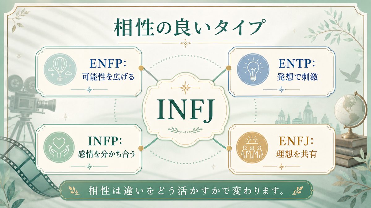 オードリー・ヘプバーンと相性の良いMBTIタイプの要点をまとめたMBTI人物分析インフォグラフィック