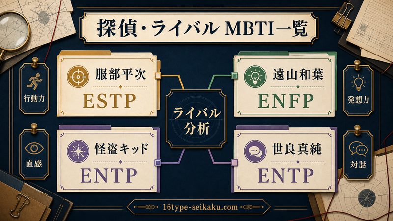 名探偵コナンの探偵・ライバルキャラのMBTI一覧をまとめた画像