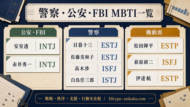 名探偵コナンの警察・公安・FBIキャラのMBTI一覧をまとめた画像