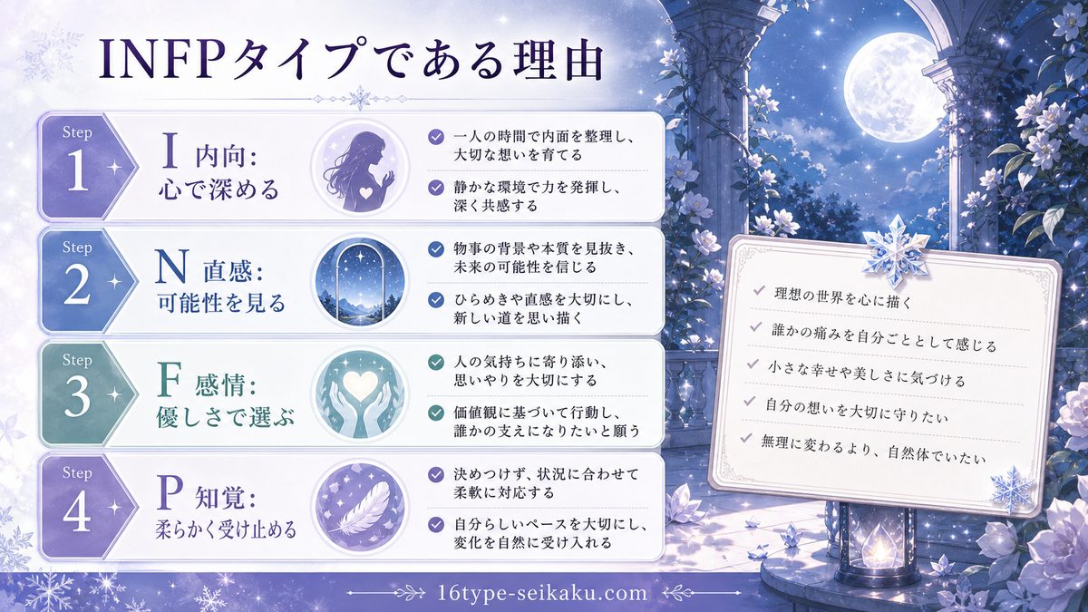 エミリアがINFPタイプである理由の要点をまとめたMBTIキャラ診断インフォグラフィック