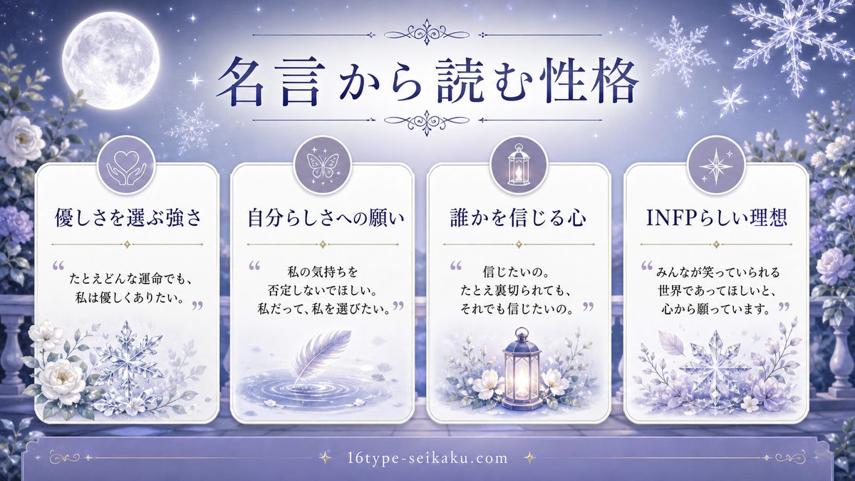 エミリアの心に残る名言・名セリフ 6選の要点をまとめたMBTIキャラ診断インフォグラフィック