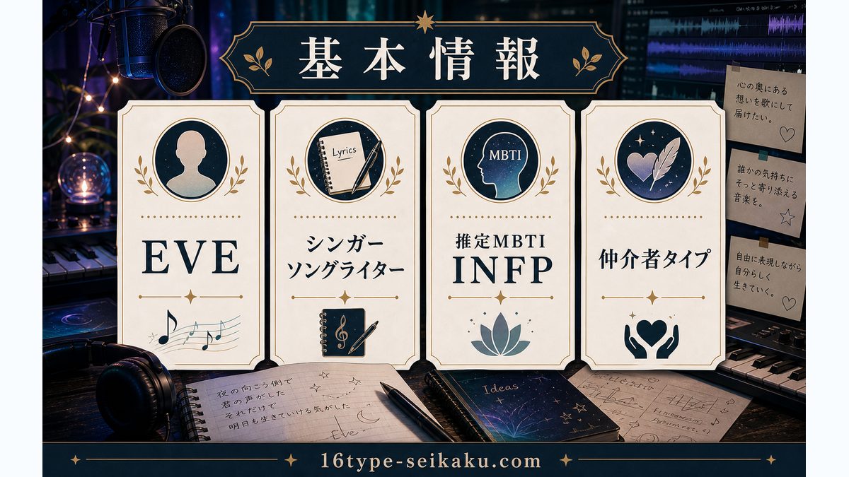 EVEの基本情報の要点をまとめたMBTI人物分析インフォグラフィック