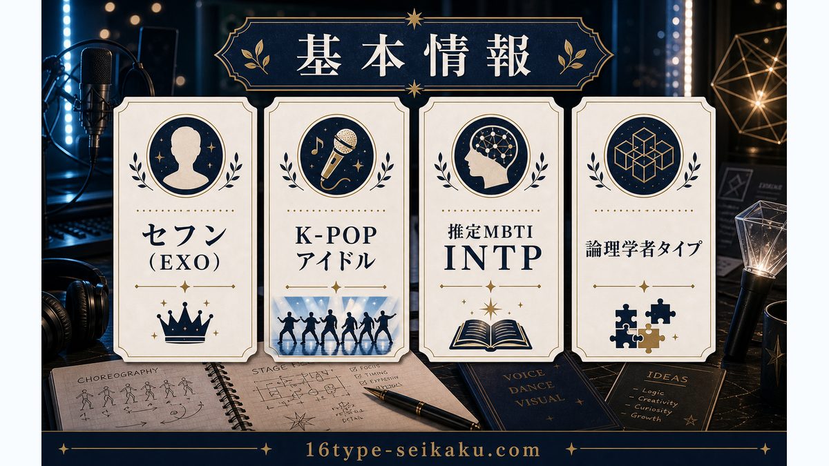 セフン（EXO）の基本情報の要点をまとめたMBTI分析インフォグラフィック