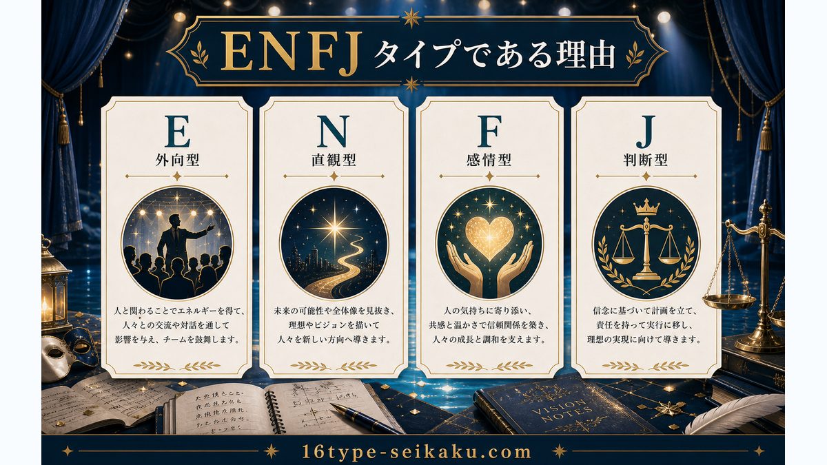 フリーナがENFJ(主人公)タイプである理由の要点をまとめたMBTIキャラ診断インフォグラフィック