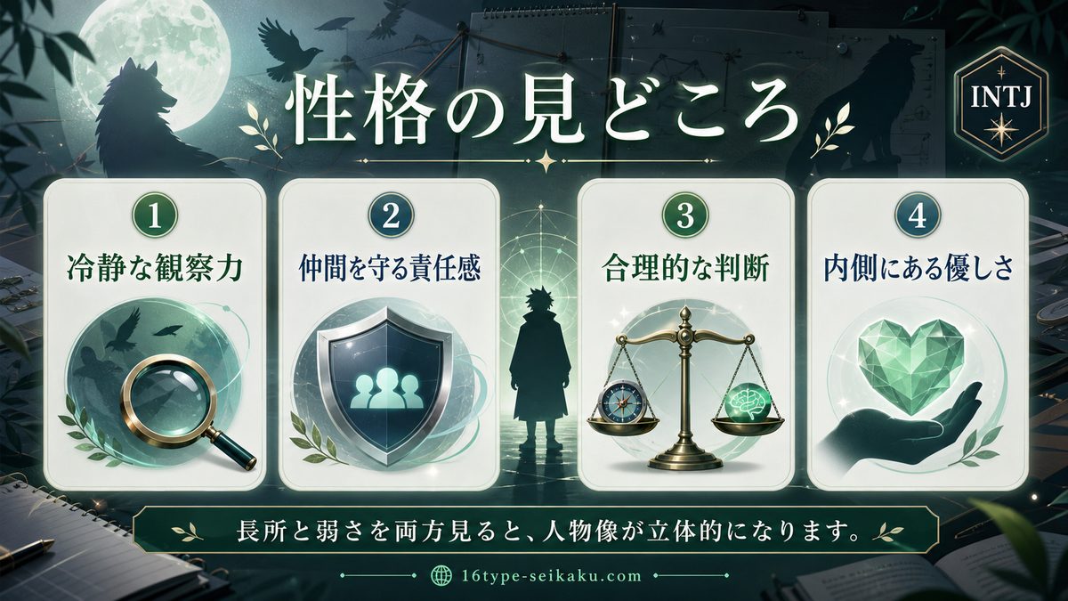 伏黒恵の性格特徴の要点をまとめたMBTIキャラ診断インフォグラフィック