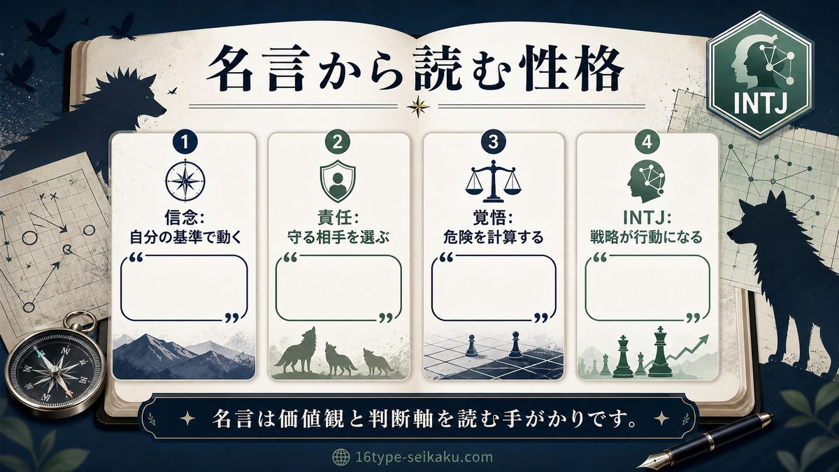 伏黒恵の心に残る名言・名セリフの要点をまとめたMBTIキャラ診断インフォグラフィック