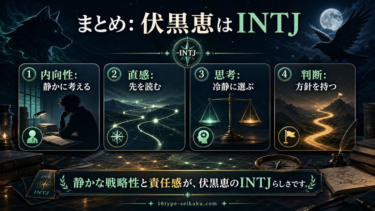 まとめの要点をまとめたMBTIキャラ診断インフォグラフィック