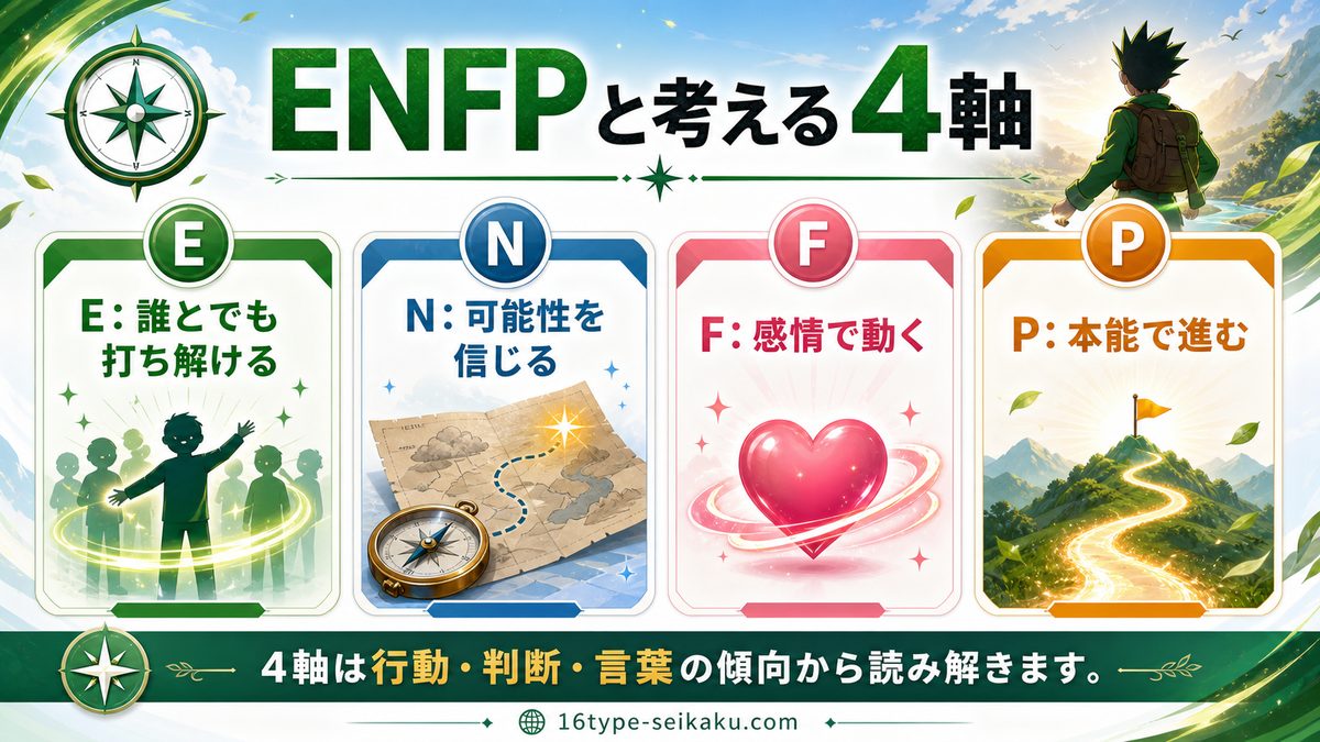 ゴン・フリークスがENFPタイプである理由の要点をまとめたMBTIキャラ診断インフォグラフィック