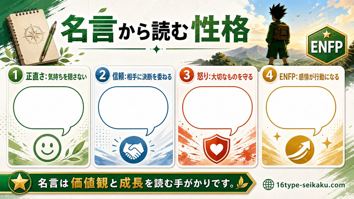 ゴン・フリークスの心に残る名言・名セリフ 6選の要点をまとめたMBTIキャラ診断インフォグラフィック