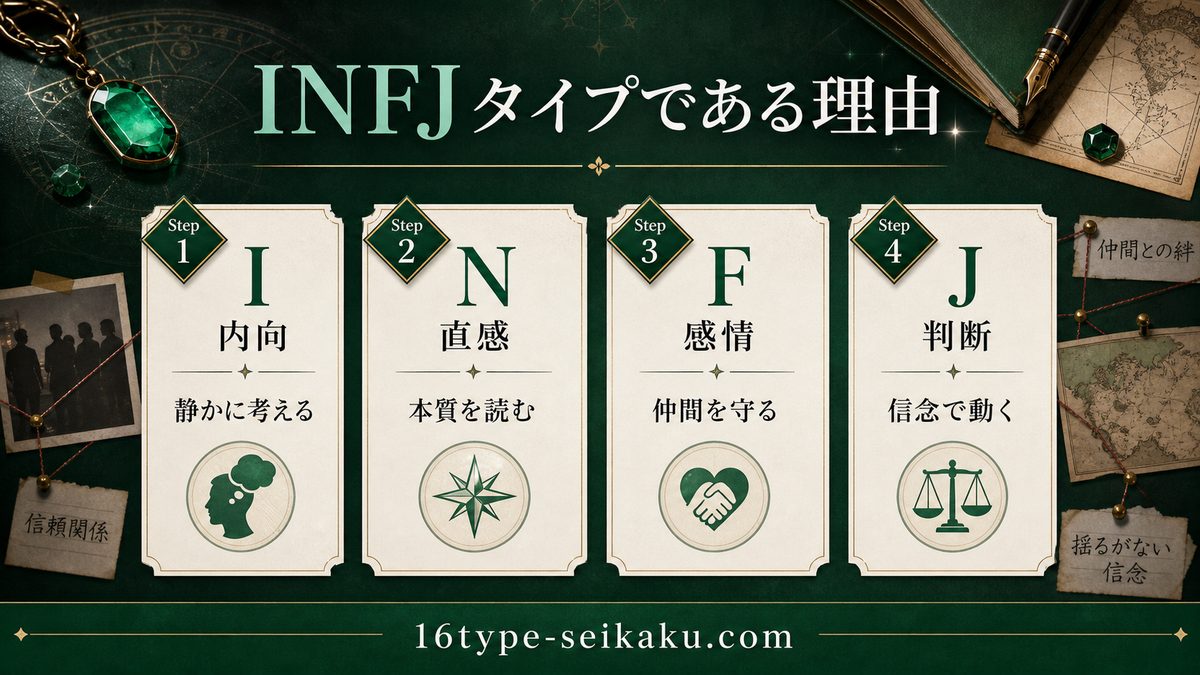花京院典明がINFJ（提唱者）タイプである理由の要点をまとめたMBTIキャラ診断インフォグラフィック