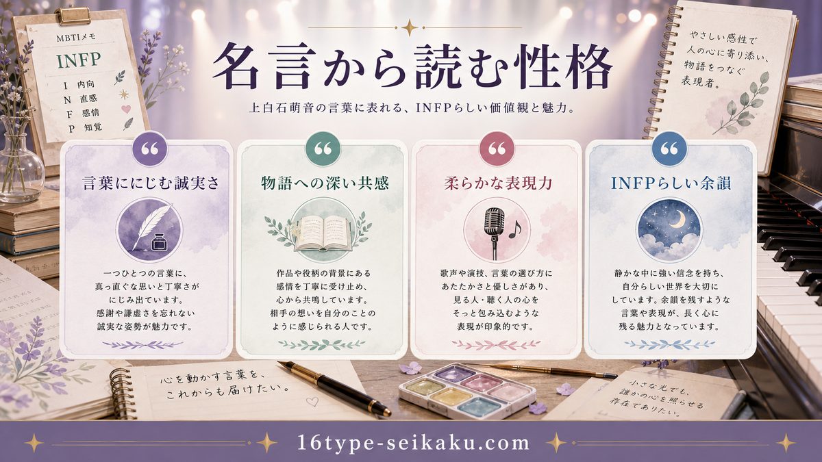 上白石萌音の名言・発言から見る性格の要点をまとめたMBTI人物分析インフォグラフィック
