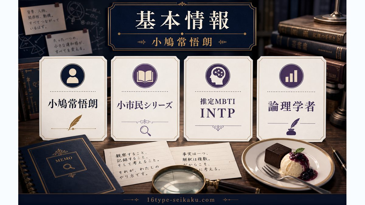 小鳩常悟朗の基本情報の要点をまとめたMBTIキャラ診断インフォグラフィック