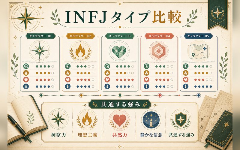 INFJタイプの他キャラクターとの共通点をまとめた画像