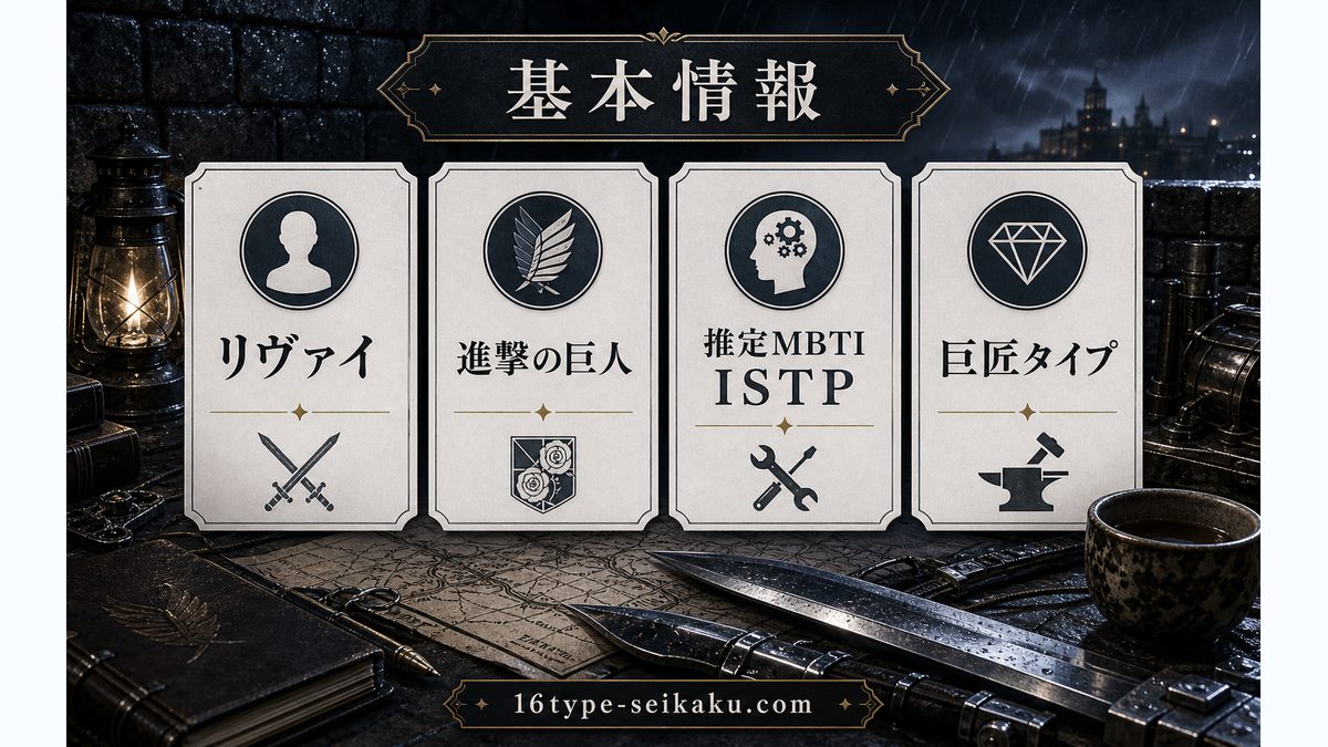 リヴァイの基本情報の要点をまとめたMBTIキャラ診断インフォグラフィック