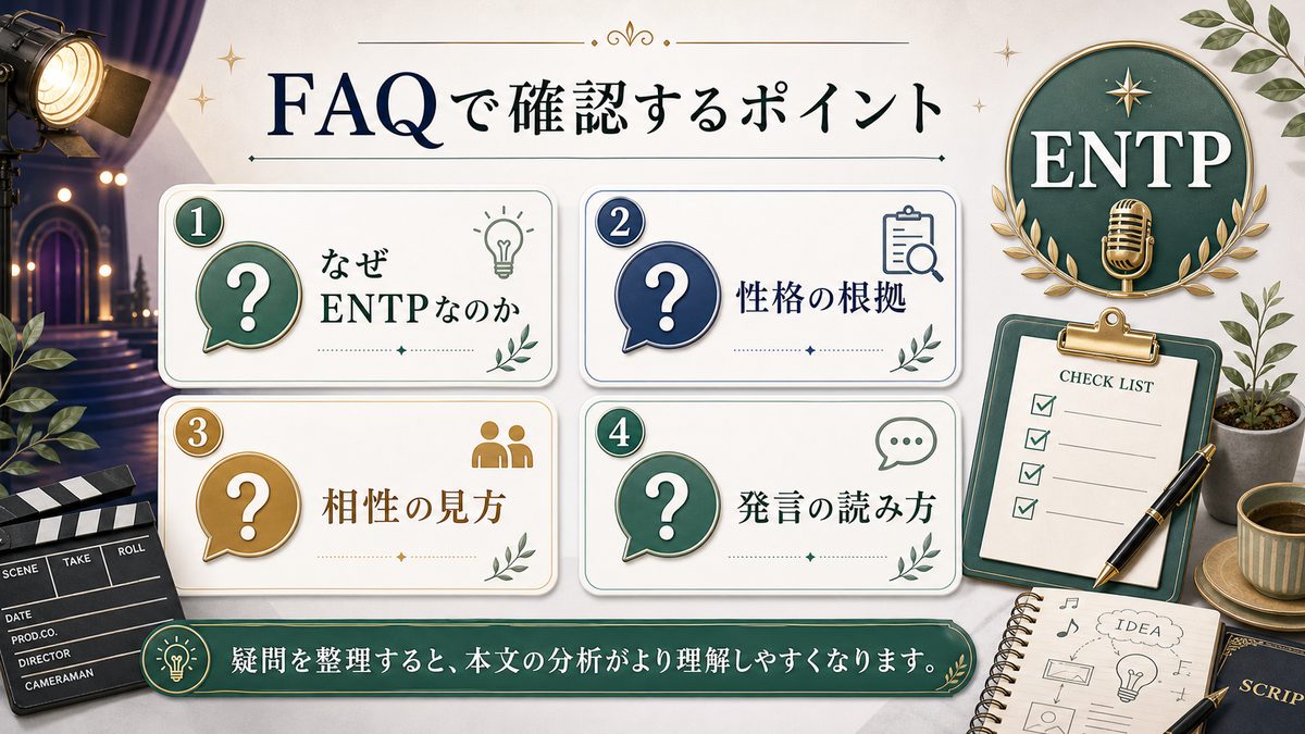よくある質問(FAQ)の要点をまとめたMBTI人物分析インフォグラフィック