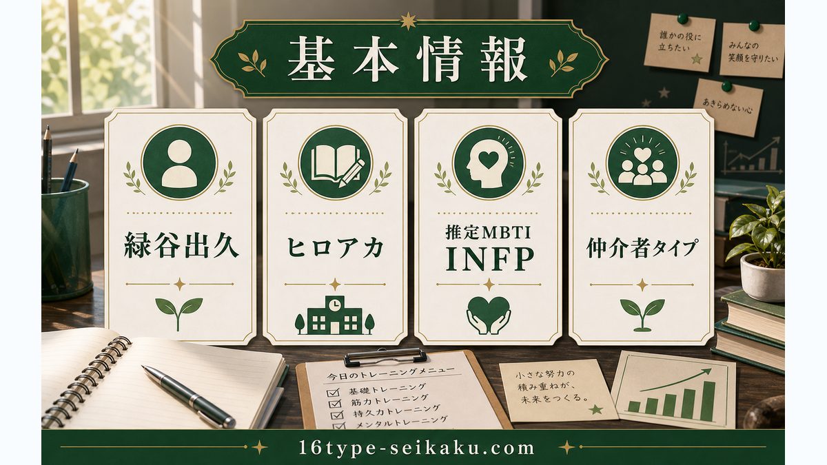 緑谷出久の基本情報の要点をまとめたMBTIキャラ診断インフォグラフィック