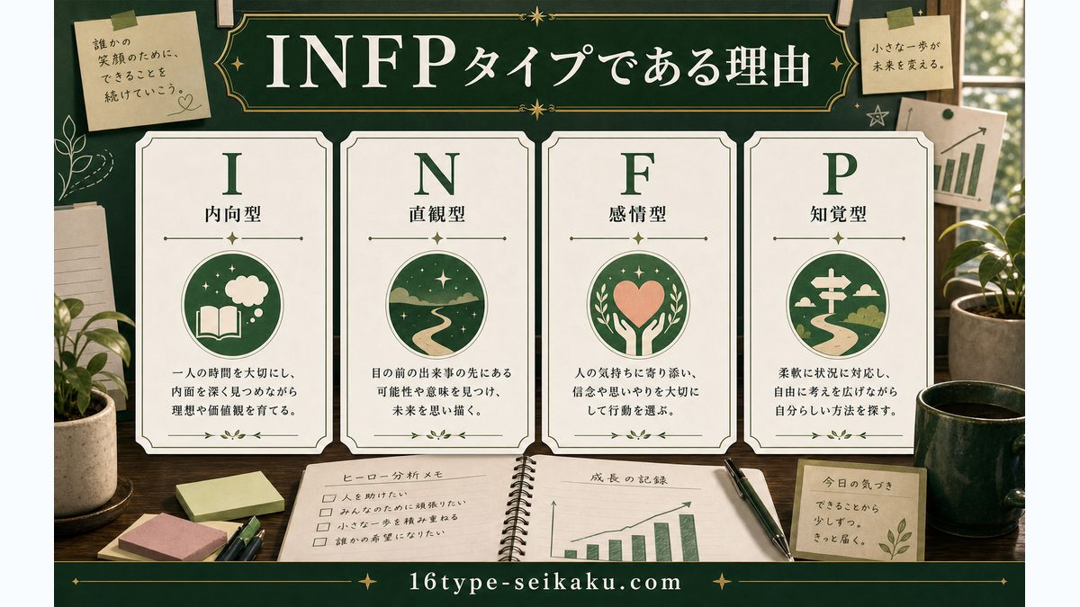 デクがINFP（仲介者タイプ）である理由の要点をまとめたMBTIキャラ診断インフォグラフィック